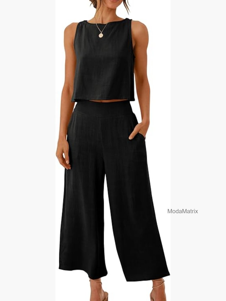Sleeveless Crop Top Wide Leg Pants Jumpsuit Linen Summer 2 Piece Set